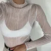 Fall Elegant See Through Long Sleeve Mock Neck Women Topps Fashion Streetwear Sexy T Shirts Tees Slim Clothes 220714