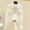 Women's Polos S-XXL 2022 Spring Runway Designer White Shirt Tops Fashion Women Tweed Patchwork Chiffon Beading Tassel Weave BlousesWomen's W