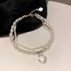 Bracelets de charme zircão de lua prateada brilhante para mulheres pulseira de pérola de água doce natural 2 camadas Coreia Casamento Bangle Luxury Jóias GiftCharm