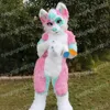Hallowee Pink Long Furry Husky Dog Mascot Costume Cartoon Anime personaggio a tema Carnevale Abito unisex per adulti Festa di compleanno di Natale Outfit all'aperto