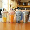 520ml Tumbler with Straws Double Layer Leakproof Milk Coffee Glitter Water Bottles