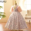 Brilhante lantejoulas Renda Crianças Pequenas Vestidos de Floristas Princesa Joia Decote Tule Apliques Fofas Florais Vestidos Formais Festa Comunhão Concurso Vestido