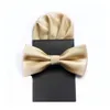 Klassisk tryck Solid God Mens Silk Business Bow Ties For Men Bowtie With Pocket Square Gold 2st Set Gift CR056 W220323