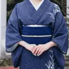 Japanska etniska kläder Kvinnor blomma tryck kimono elegant mantel blå klänning traditionell kläder sakural v nack orientalisk klänning asiatisk dräkt