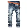 Casual Slim Fit Ripped Hole Jeans Bleu Foncé Mode Hommes Splash Ink Pantalon Printemps Été Denim Streetwear Taille 29-42 Pantalones