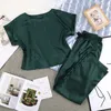 Hecheche Green Brown Women Sleepwear 2 Piece Set Round Neck Kortärmad Top Solid Loose Pants Satin Home Wear Casual Sus Sets 220421