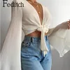 Feditch Mode Frauen Weiß Crop Top Rüschen Tiefem V-ausschnitt Tank Elegante Lange Flare Ärmeln Party Club Shirts Weibliche Streetwear T200803