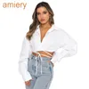 Summer New Long Sleeved Women Crop Tops Solid Color Cardigan Bandage Blouse Lapel Single Breasted Urban Leisure Fashion Shirt