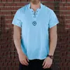 Män tshirts unik design vintage linne toppar forntida viking broderi snör upp v hals lång ärm tshirt topp 220813