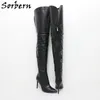 Sorbern Black Matt Boots Women Stilettos High Heel Pointed Toe Open Back Custom Wide Fit Thigh Mid Shaft Fetish Shoes