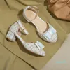 Scarpe eleganti Designer Tweed Plaid Donna Décolleté con fibbia alla caviglia con fiocco dolce Scarpe da donna beige con tacco medio