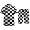 남성용 트랙 슈트 흑백 격자 무늬 남자 세트 체커 보드 프린트 하와이 캐주얼 셔츠 세트 짧은 슬리브 반바지 여름 해변 오버 사이즈 슈트 플러스