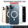 Transparent tydlig akrylmagnetisk stötsäkert telefonfodral för iPhone 14 13 12 11 Pro Max Mini XR XS X 8 7 Plus med detaljhandelspaket Kompatibelt Magsafe -laddare omslag