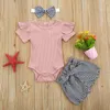 Zomer 3 Stuks Baby Meisje Outfits Kleding Set Korte Mouw Ruche Romper Plaid Shorts En Boog Hoofdband Kleding 981 D3