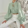 Kadınlar bluz gömlekleri 2022 sonbahar gömlek Fransız fener kolu şifon moda standı yaka cep üst ofis yeşil kadınlar