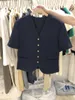 Jackets femininos Korea 2022 Summer V Jaqueta de manga curta Mulheres finas camisas de tweed de tweed de moda tops office lady work couthwomen's