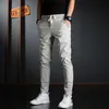 Summer Men Elastic Waist Casual Pants Korean Streetwear Lightweight Cotton Gray Slim Fit Trousers 220330