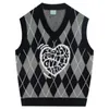 Deeptown Black Gothic Sweater Vest Women Heart Print Argyle Knittwear Fall Casual Mal Goth Overdimensionerad Streetwear Graphic Top 220715