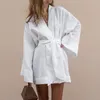 Kvinnor S V Neck Kimono Cardigan Mini Dress White Cotton Linen Långärmning Sashes Lace Up Dresses Women Summer Loose 220618