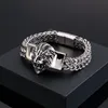 Large Casting Biker Lion Head ID Bracelet Figaro Chain Stainless Steel Bangle For Mens Fashion Gifts Jewelry 12mm 8.66 Inch 96g Weight Silver Gold