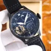 Riserva di carica Orologi da uomo Movimento a carica manuale Scocca in acciaio Tourbillon Scheletrato Quadrante blu Cinturino in pelle marrone Orologio da polso con chiusura pieghevole