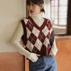 Autumn Women's Casual Sleeveless Plaid Sticked Crop Sweaters Argyle Print Sweater Vest Ladies V Neck Knit Sweater Vest 220719