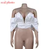 Women's Blouses & Shirts Fashion Women Satin Deep V-Neck Off Shoulder Strapless Bow Lace Up Backless Ladies Cropped Top Streetwear