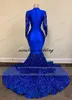 2022 Afryki Royal Blue Sparkly Cekinowe Koronki Prom Dresses Długie Rękawy Cekiny Syrenka Plus Size Pageant Party Dress Formalne wieczorowe suknie Nosić głęboką szyję