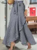 Maxi Skirts Women Summer Celmia Fashion High Waist Wrap Long Skirt Asymmetrical Vintage Plaid Ruffled Mermaid Bottom Femme 220701