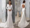 2022 Mermaid Wedding Dresses Soft Satin Elegant V-Neck Beading Open Back Sweep Train Bridal Gowns Dubai Vestidos De Novia