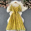 여자 한국 꽃 드레스 달콤한 퍼프 슬리브 v 넥 A- 라인 쉬폰 드레스 여름 보호 프린트 휴가 해변 선 드레스 2022