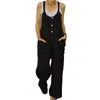 Women's Jumpsuits & Rompers Women Solid Color Buttons-Pockets Cotton Linen Jumpsuit Bib Overall Dungarees Strappy Vintage 2022 SummerWomen's