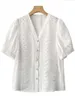 Kvinnors blusar skjortor Jastie 2022 Summer Lace Patchwork White Women Elegant Short Sleeve Y Neck Floral Embroidery Fashion Women