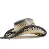 Sombrero de paja vaquero ahuecado hecho a mano para hombre y mujer, sombreros de playa para viajes al aire libre, gorra de Jazz con sombrilla occidental sólida Unisex