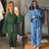 Restve Cotton Women's Nightgown 2 Pieces Set Drop Sleeves Robe Trouser Suits Flare Female Pajamas Summer Bathrobe For Woman W220331