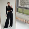 Autumn Winter Women Solid Casual Fitness Tracksuit Outfits Long Sleeve Crop Tops Trouser Flare Pants 2 Two Piece Set 220707