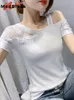 Été Style Coréen Coton T-Shirt Chic Sexy Col Oblique Patchwork Maille Amour Diamants Brillants Femmes Tops À Manches Courtes T-shirts T16408A 220321