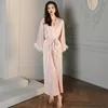 Hoge kwaliteit dames pyjama robe veer manchet sleure luxe stijl zijde zoals casual homewear nachthemd