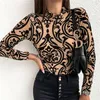Leopard Floral Sexy Fashion Women Tee Top Pullover Long Sleeve High Neck Club Casual Style Fall Clothes Turtleneck Slim T-shirts
