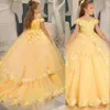 2023 Yellow Off Shoulder Flower Girl Dress Toddler For Wedding Tulle 3D Floral Ruffle Pageant Dress Christmas Evening Gowns Birthday Party Dresses First Communion