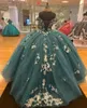 Hunter Green 3D Floral Quinceanera Dresses 2022 قبالة الكتف الدانتيل مشد الظهر Buffy Skirt Sweety 15 Vestidos de Quinceanera