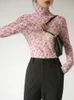 Yedinas Floral Mesh Top Long Long Tirt Women Turtleneck See من خلال Tshirt Designer Y2K Fashion Spring Autumn Tees 220516