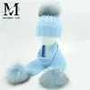 Mother And Child Hat And Scarf Set High Quality Winter Genuine Raccoon Fur Pom Knitted Fashion New Hats Hat Scarves J220722