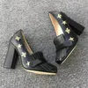 Women Designer Marmot Pumps Loafer Shoes Embroidered Leather Mid-hell Pump Real Leather Double Hardware Black White Gold with Bees and Stars NO 28