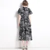 2022 Летные рукава Black MIDI платье лето женщин дизайнер элегантный напечатанный изделка шеи кнопка рубашка платья парижская мода женская одежда вечеринка стройная A-line взлетно-посадочная полоса