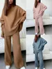 여자 2 피스 바지 여자 정장 2022 긴 소매 넓은 다리 패션 느슨한 하이 목 니트 캐주얼 세트
