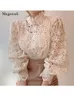 Petal Sleeve Stand yakalı içi boş çiçek dantel patchwork gömlek femme blusas allmatch kadınlar dantel bluz düğmesi beyaz üst 12419 220706