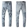 Heren Designer Jeans Denim Skinny Rock Big en hoge Slim Biker Moto Hip Hop rechte been lichtblauwe patch vintage stretch voor man Riped Pant Hoge kwaliteit Lang Zipper Gat