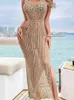 Sanches Knitted Summer Beach Dress Women Bikini Cover Up 2022 White Hollow Out Crochet Side Long Maxi Dress Casual Vestidos Y220413