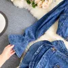 2022 Autumn Two Piece Dress Women Sexy Jeans Set Long Sleeve Crop Tops And Bodycon Short Denim Skirt Suits for Woman